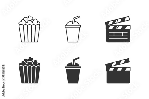 Cinema icon set: popcorn, soda, and clapboard graphics on white background.