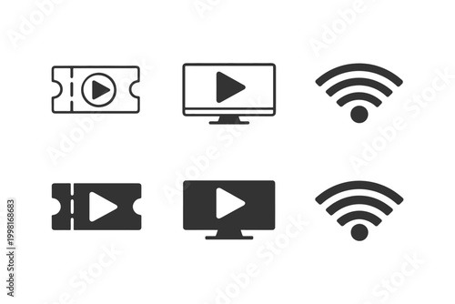 Streaming icons set: ticket, monitor, wi-fi symbols in black and white.