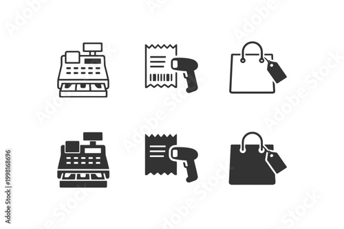 Black and white icons of cash register, receipt scanner, shopping bag.