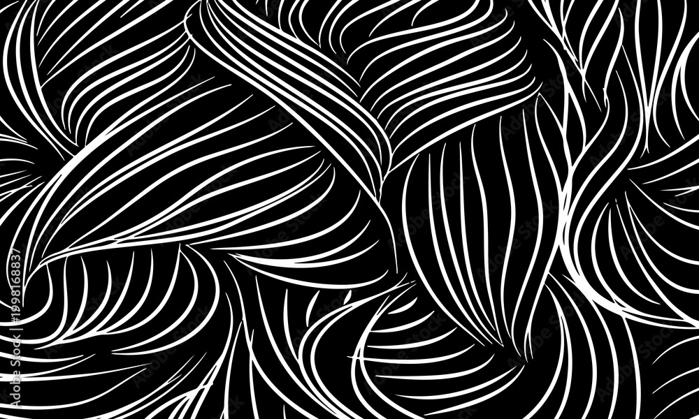 Obraz premium Abstract organic hand drawn white flow line pattern on black background. wavy curve lines.