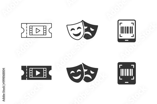 Entertainment icons: movie tickets, theater masks, barcode on smartphone.