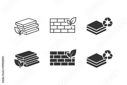 Eco-friendly brick and tile icons with green leaves and recycling symbols.