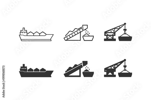 Set of cargo ship, conveyor belt, and crane icons in black and white design.