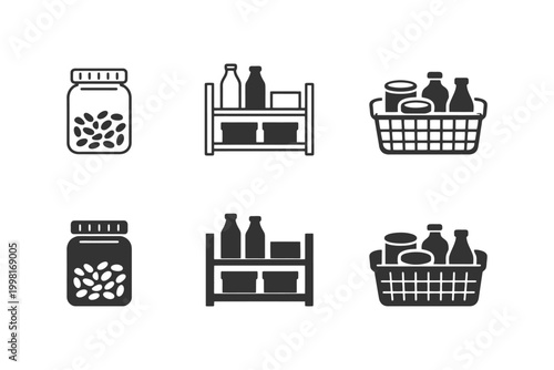 Set of minimalist black and white pantry icons for jars and baskets.