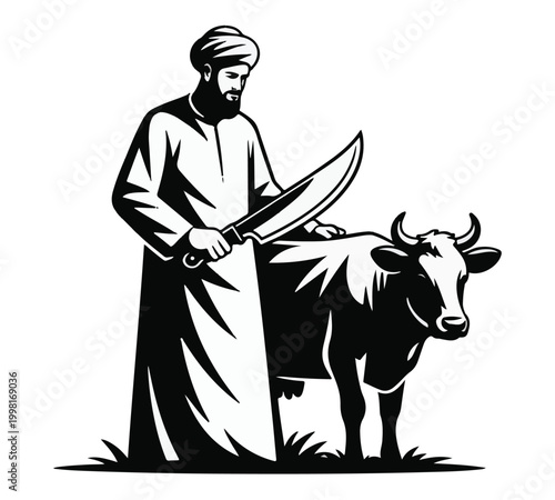 Muslim Butcher with Sacrificial Cow for Eid al-Adha Qurbani Tradition