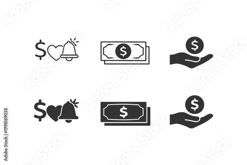 Set of money icons including cash, savings alert, and hand holding coin.
