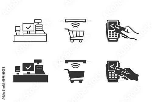 Retail icons: checkout, shopping cart, contactless payment symbols.