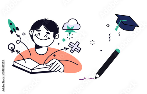 Creative education and learning concept with boy studying graduation cap flat design education learning studying knowledge creativity innovation lightbulb university illustration ambition