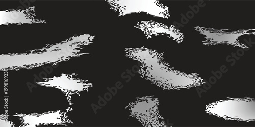 Abstract dark grainy background featuring organic silver metallic foil shapes with reflective textures. Modern luxury backdrop for sophisticated branding, editorial design, and artistic covers.