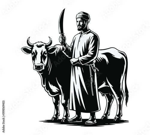 Muslim Butcher with Sacrificial Cow for Eid al-Adha Qurbani Tradition