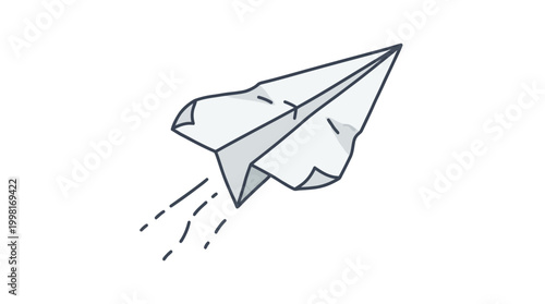 Illustrated paper airplane flying with trail graphics on white background