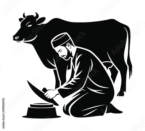 Muslim Man Sharpening Knife for Eid al-Adha Qurbani Ritual Sacrifice