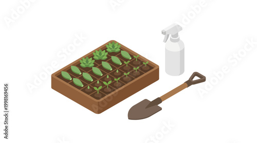 Isometric garden illustration with plants tools and a white background ideal for design