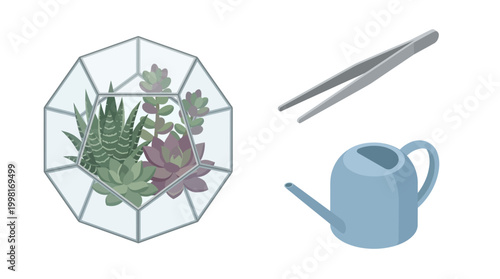 Geometric terrarium with succulents gardening tools and white background