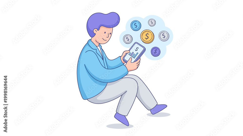 Fototapeta premium Man using tablet with coin icons representing financial data and growth