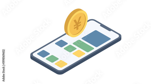 Isometric smartphone with gold coin conceptual financial technology illustration