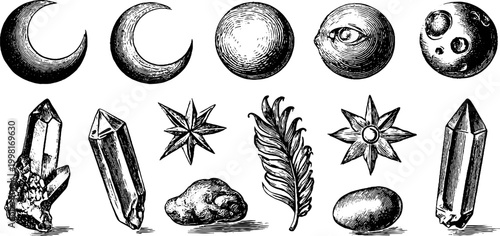 Vintage engraved boho moons stars crystals pebbles and feather clipart sheet with celestial symbols for mystical design and background