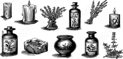 Vintage engraved botanical bottles and dried herb elements clipart sheet for design background label and packaging artwork