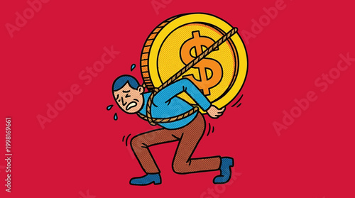 Man struggling under the weight of a large coin illustration against red background