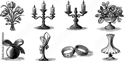Vintage engraved bridal botanical clipart sheet with bouquets candles rings vases and ribbons for wedding design background and decorative stationery elements