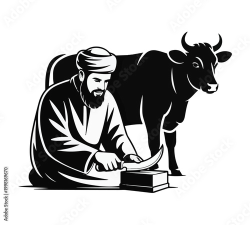 Muslim Man Sharpening Knife for Eid al-Adha Qurbani Ritual Sacrifice