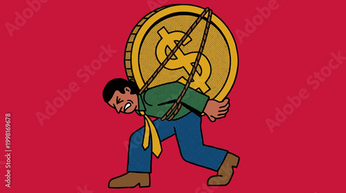 Man carrying giant coin illustration financial burden concept in flat design