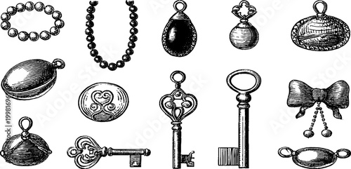 Vintage engraved brooches lockets keys and jewelry clipart sheet for accessory design background and decorative elements