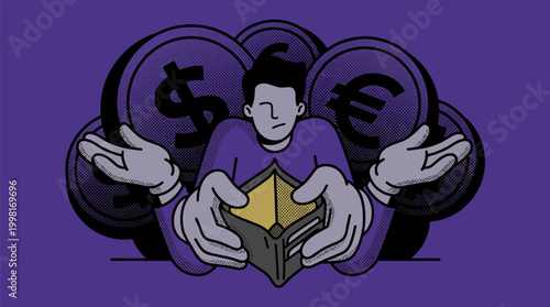 Uncertainty concept person with empty wallet facing financial challenges illustrated