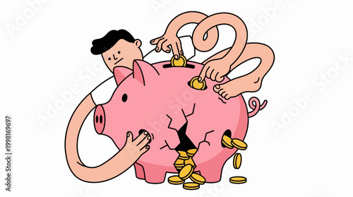 Cartoon illustration of a person putting coins into a piggy bank financial concept