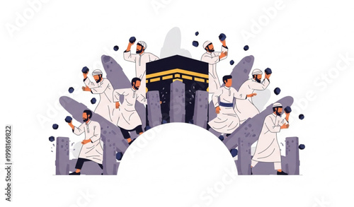 Muslim Pilgrims Performing Jamaraat Stoning Ritual Vector Illustration Hajj Eid al Adha Religious Festival Concept