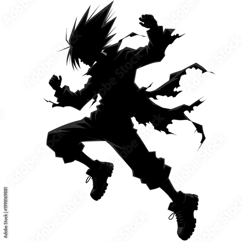 Anime warrior silhouette in dynamic action pose, black manga character vector with spiky hair and tattered clothing, heroic fighter jumping illustration