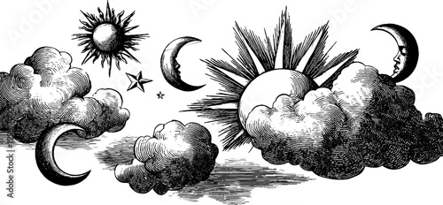 Engraved celestial border composition with sun moon clouds stars for vintage ornamental frames, decorative backgrounds and design elements