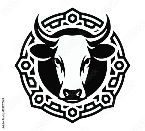 Bull Head Logo in Circular Greek Key Meander Frame Silhouette