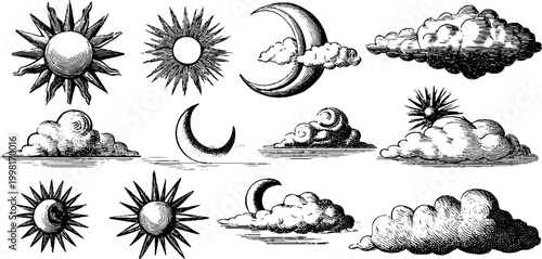 Vintage engraved celestial borders and star illustrations sheet with sun moon and cloud motifs for clipart and decorative border design