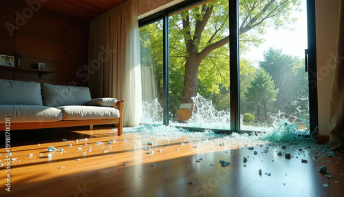 Modern living room with shattered sliding glass door. Broken shards cover wooden floor after accident or disaster. Outside green trees visible through broken panes.
