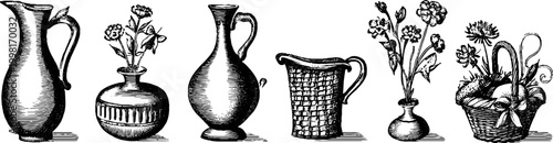 Vintage engraved ceramic vases pitchers and basket illustrations sheet with flowers for still life decor and vessel design elements