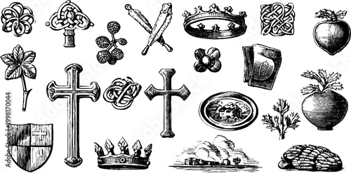 Vintage engraved celtic knots crowns and heraldic symbols clipart sheet with crosses shields and decorative emblems for ornament and border design