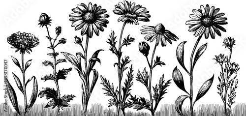 Vintage engraved chamomile and daisy botanical clipart sheet with floral design elements for label and pattern background and decorative graphic use