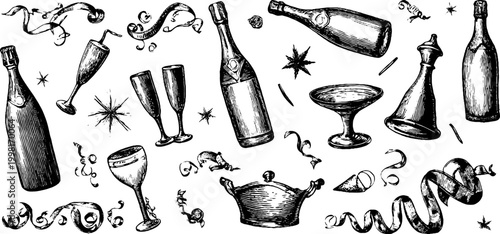Vintage engraved champagne bottles and coupe clipart sheet with glasses, ribbons and festive elements for party label and celebration background design