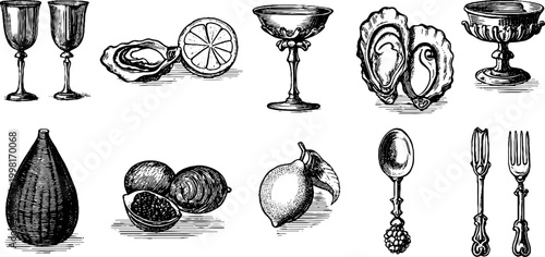 Vintage engraved champagne coupe and oyster clipart sheet with fruit utensils and tableware for retro design elements and menu decoration