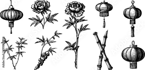 Vintage engraved chinese peonies and hanging lanterns clipart sheet with bamboo stalks and branch elements for background and design