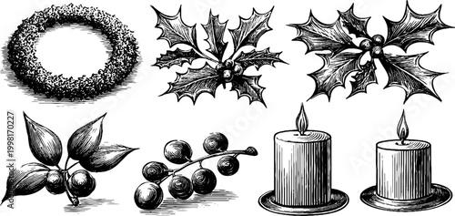 Vintage engraved christmas wreaths holly berries and candles clipart sheet for holiday design and printable decorations