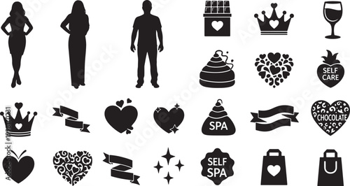 A collection of self-care, love, and luxury vector icons including silhouettes, hearts, crowns, and spa elements.