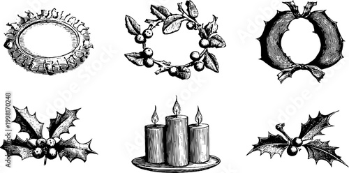 Vintage engraved christmas wreaths holly and candle ornamental sheet for holiday label background and festive decoration design
