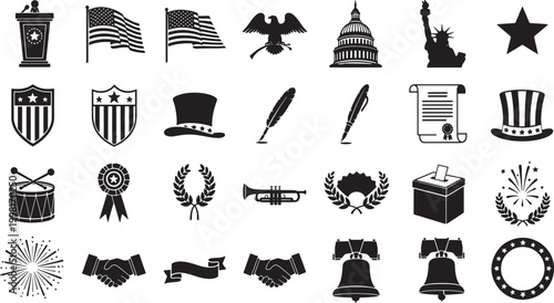 A collection of patriotic and historical symbols, including flags, landmarks, and political elements, presented as a vector icon set.
