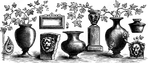 Vintage engraved clipart composition of classical vases urns column and ivy garlands for ornamental borders and antique design elements