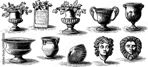 Vintage engraved classical urns and ivy vine clipart sheet with decorative urns and sculpted faces for antique design elements and printable borders