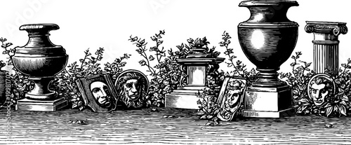 Vintage engraved border strip of classical urns pedestals framed faces and trailing ivy for antique border design and decorative trim elements