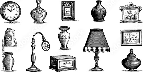 Vintage engraved clipart sheet of clocks lamps ceramic vases and framed pictures for antique home decor elements and printable design resources