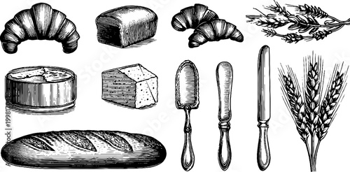 Vintage engraved clipart sheet of croissants baguettes cheese and bakery utensils for culinary packaging background and menu design